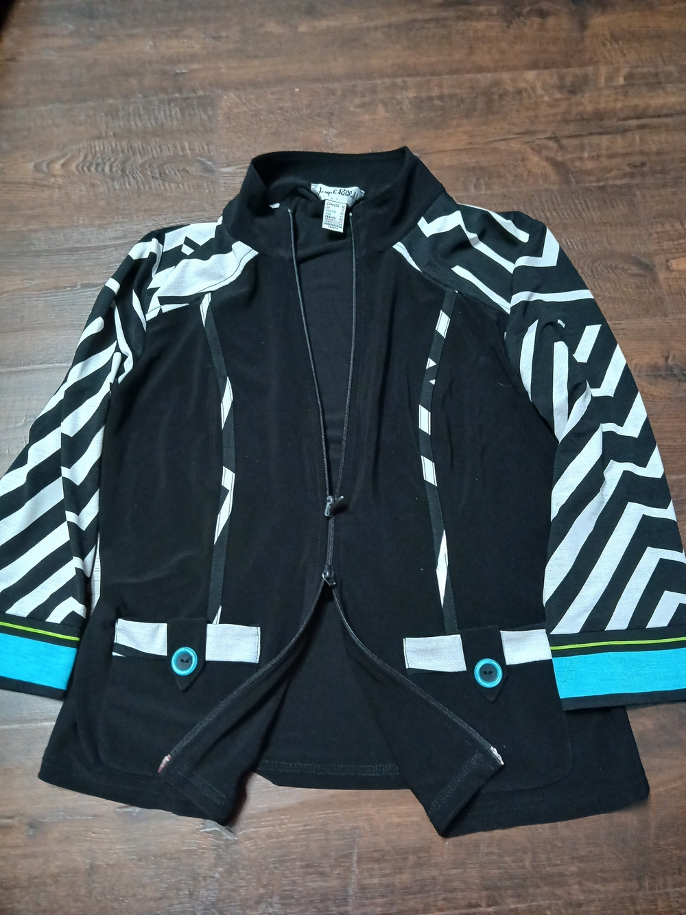 Joseph Ribkoff Geometric Full Zip Jacket Pockets Black White Blue Women’s 12